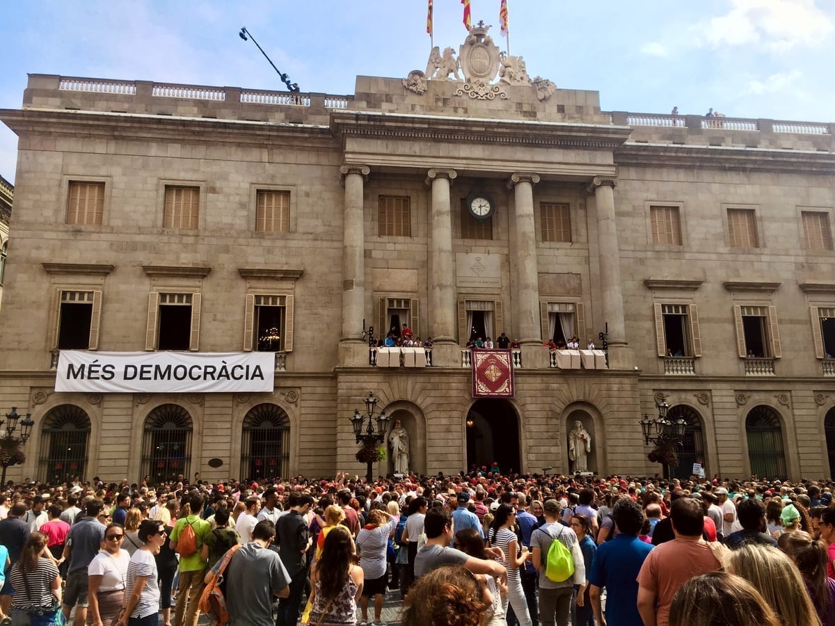 Poster reading 'Democracy Month' displayed during Catalonia's independence movement