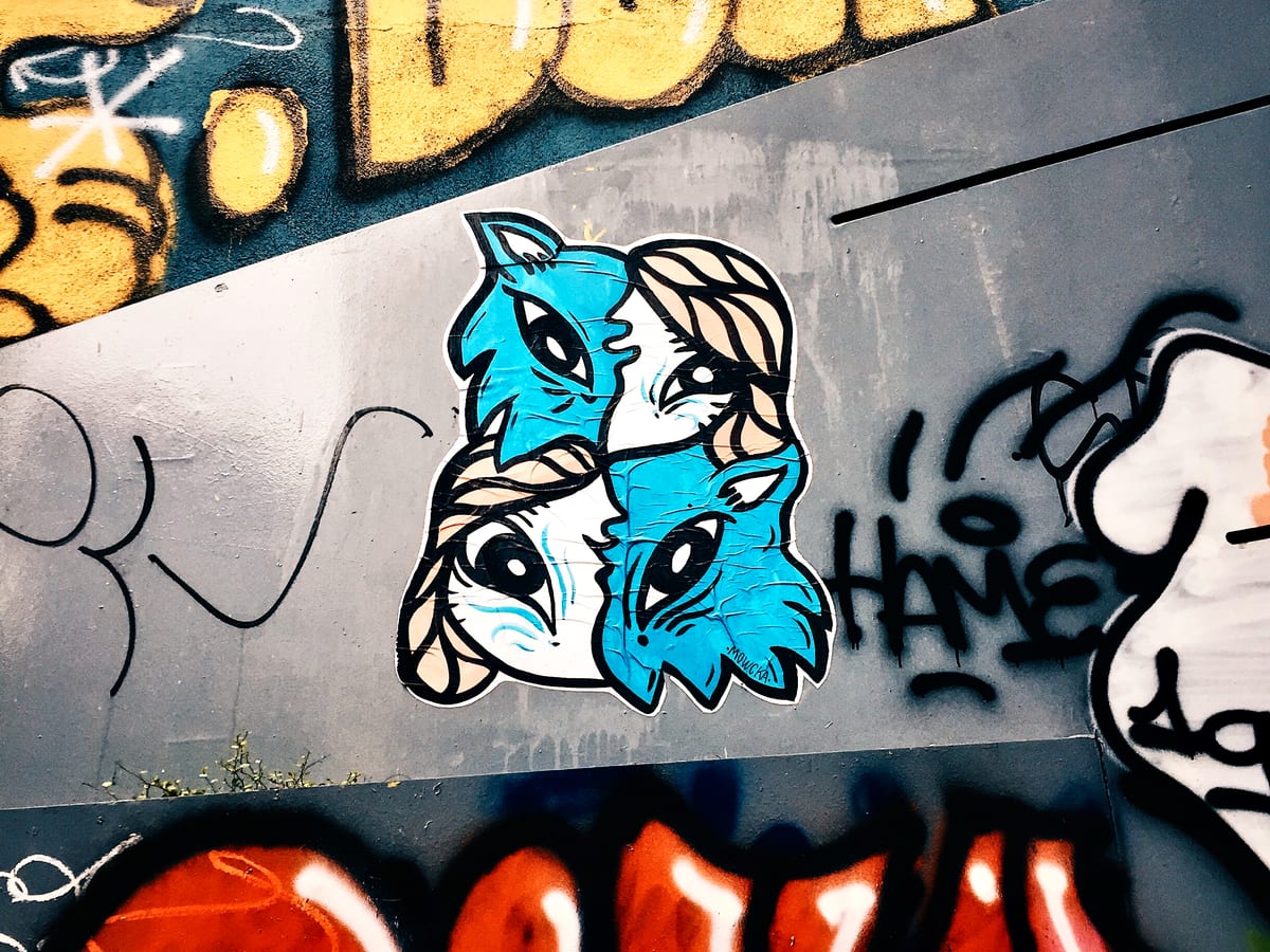 Street art of 2 cat heads formed into one